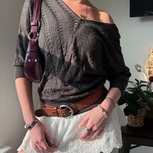 Metaphor Petite Green Shimmer Open Knit Off Shoulder Sweater MP